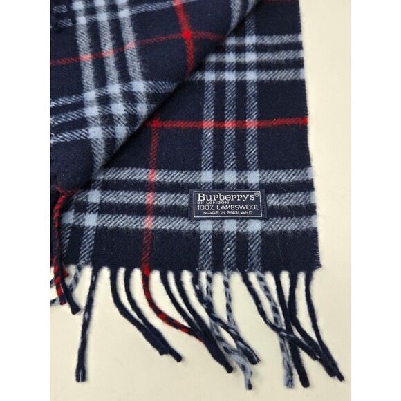 VINTAGE BURBERRYS OF LONDON AUTHENTIC BLUE RED PLAID  LAMBSWOOL UNISEX OS 1990s - Picture 11 of 12